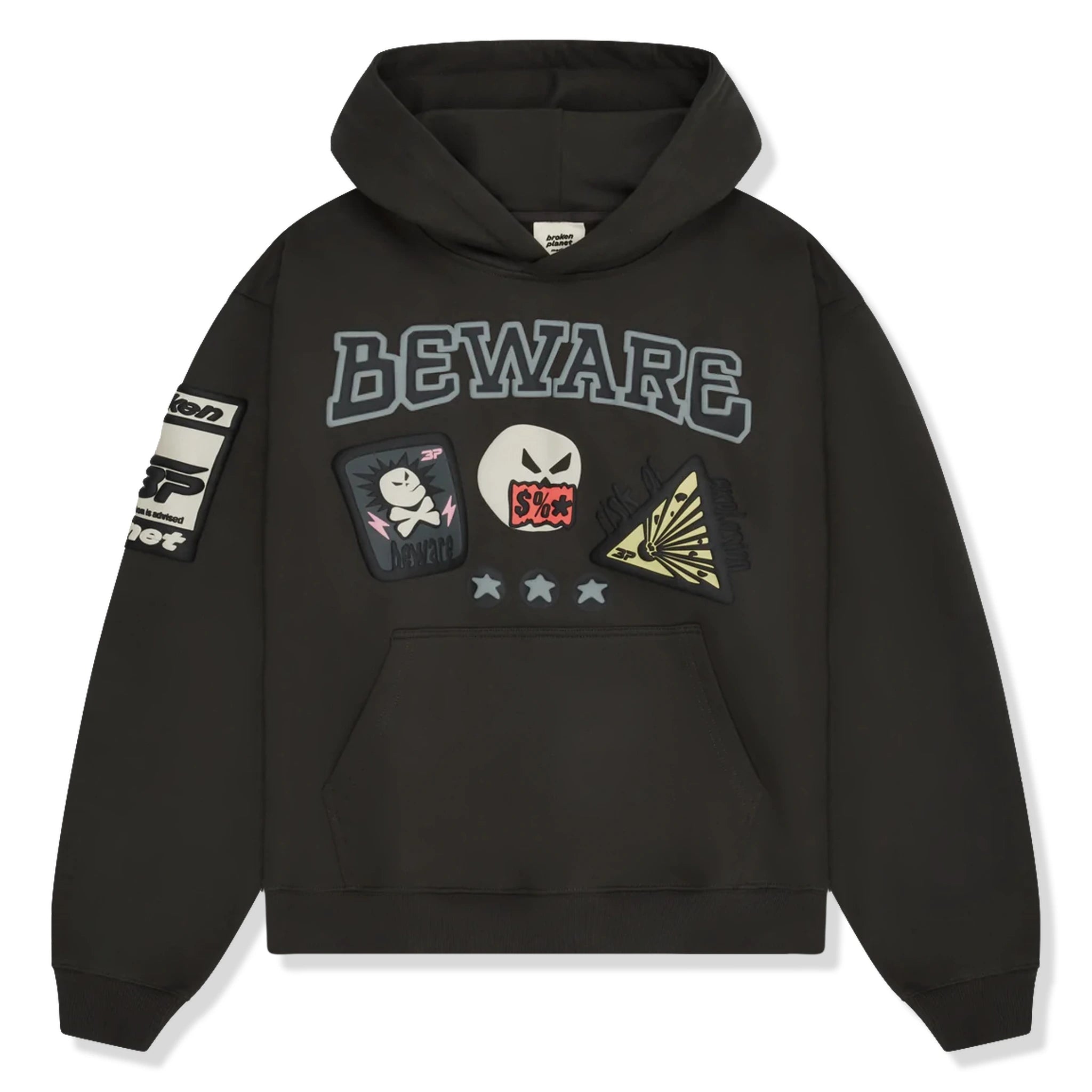 Front view of Broken Planet Beware Black Hoodie